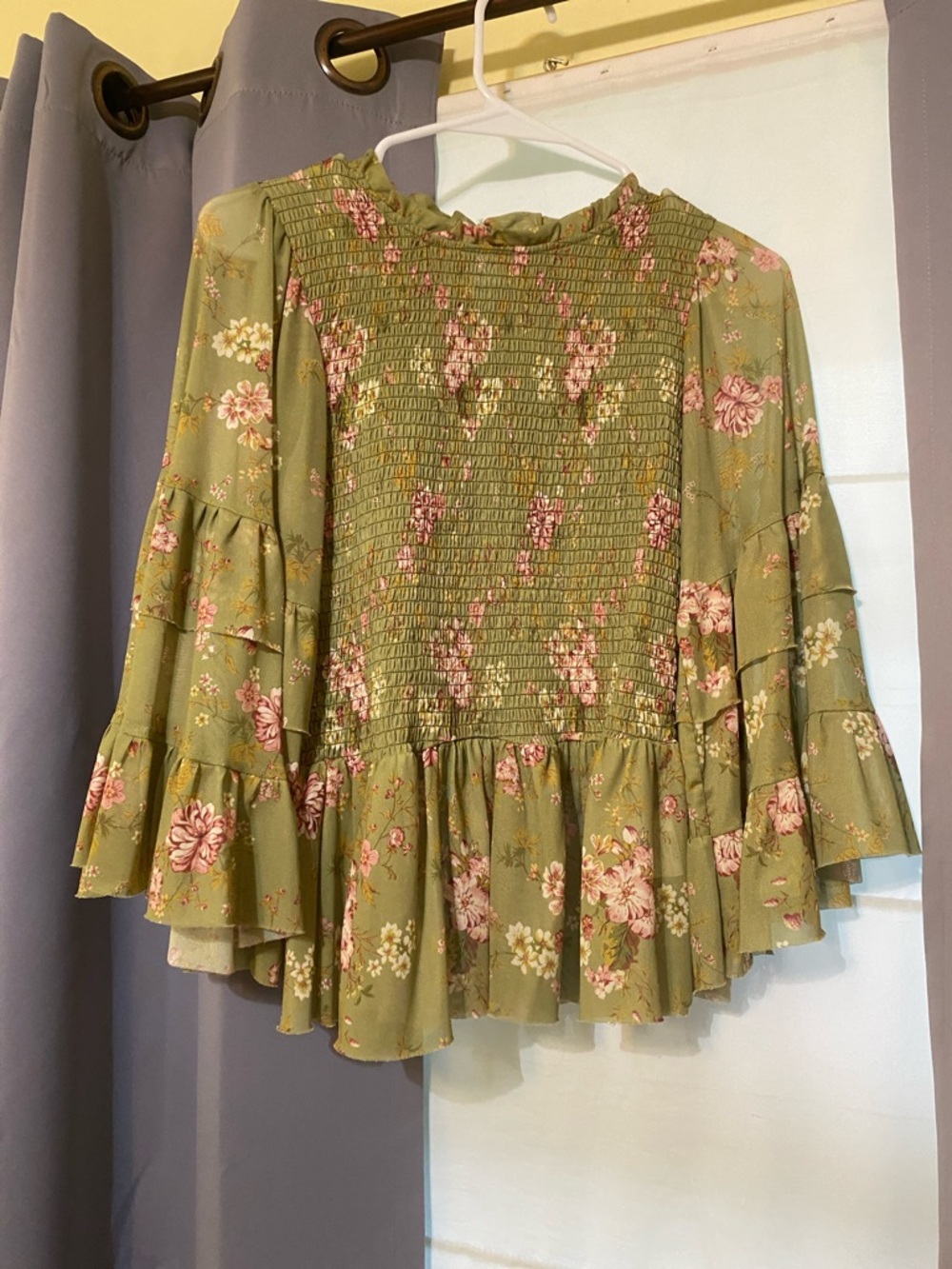 Smocked Floral Ruffle Peasant Top - Olive Green